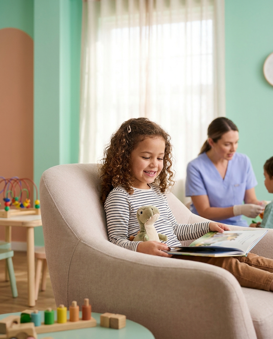 Entspanntes Kind in der Spielecke der Kinderzahnarztpraxis zahnfit